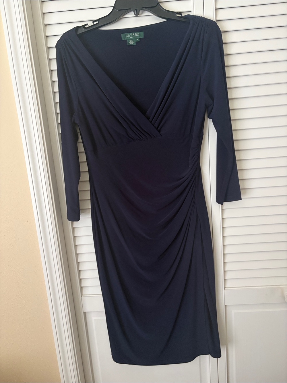 Lauren Ralph Lauren Navy Faux-Wrap Ruched Long-Sleeve Sheath Dress